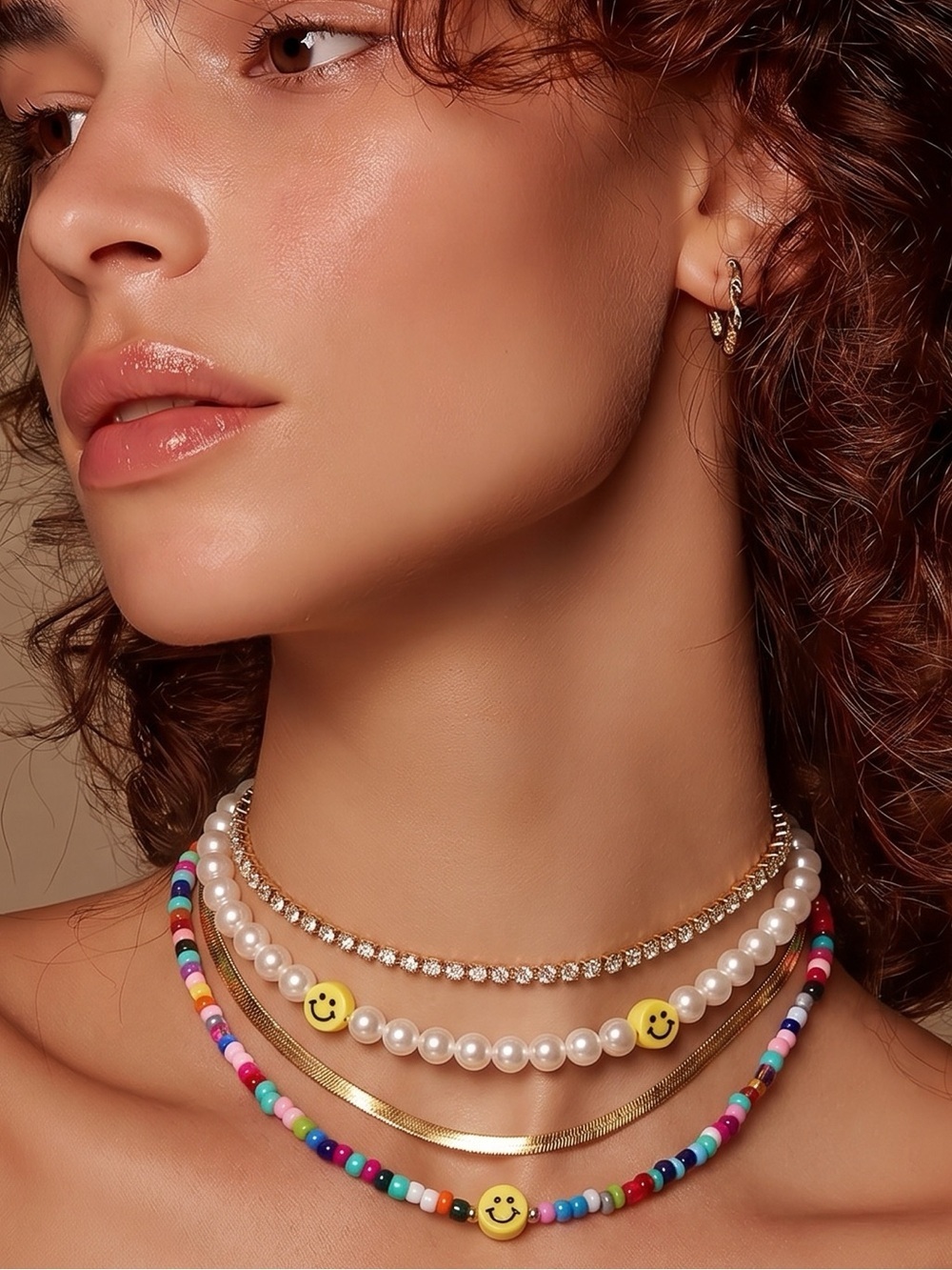 NWT - Multi-layer Smiley Pearl Rainbow Choker Acrylic Colorful Beads 4 Necklaces